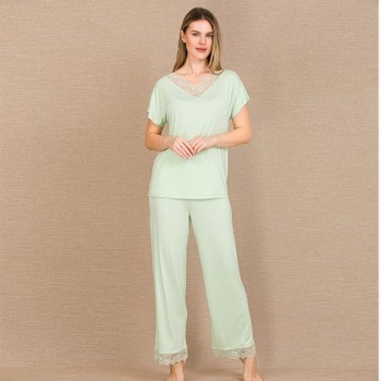 Arias Closet Viskon Şık Tasarım Dantel İşlemeli Açık Yeşil Kısa Kol Pijama Takımı