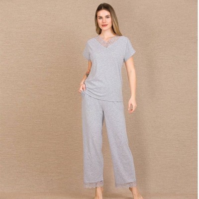 Arias Closet Viskon Şık Tasarım Dantel İşlemeli Gri Kısa Kol Pijama Takımı