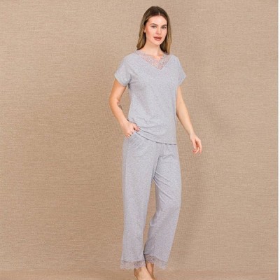 Arias Closet Viskon Şık Tasarım Dantel İşlemeli Gri Kısa Kol Pijama Takımı