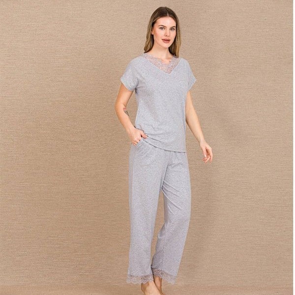Arias Closet Viskon Şık Tasarım Dantel İşlemeli Gri Kısa Kol Pijama Takımı