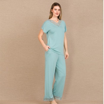 Arias Closet Viskon Şık Tasarım Dantel İşlemeli Mint Yeşil Kısa Kol Pijama Takımı