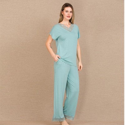 Arias Closet Viskon Şık Tasarım Dantel İşlemeli Mint Yeşil Kısa Kol Pijama Takımı
