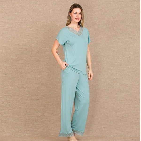 Arias Closet Viskon Şık Tasarım Dantel İşlemeli Mint Yeşil Kısa Kol Pijama Takımı