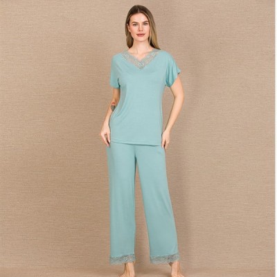 Arias Closet Viskon Şık Tasarım Dantel İşlemeli Mint Yeşil Kısa Kol Pijama Takımı