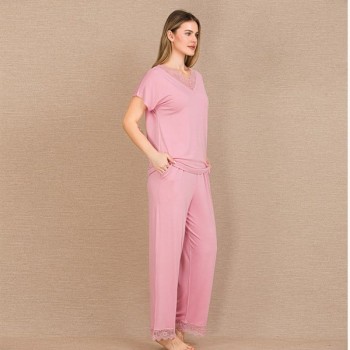 Arias Closet Viskon Şık Tasarım Dantel İşlemeli Pembe Kısa Kol Pijama Takımı