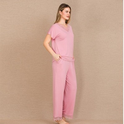 Arias Closet Viskon Şık Tasarım Dantel İşlemeli Pembe Kısa Kol Pijama Takımı
