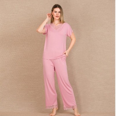 Arias Closet Viskon Şık Tasarım Dantel İşlemeli Pembe Kısa Kol Pijama Takımı