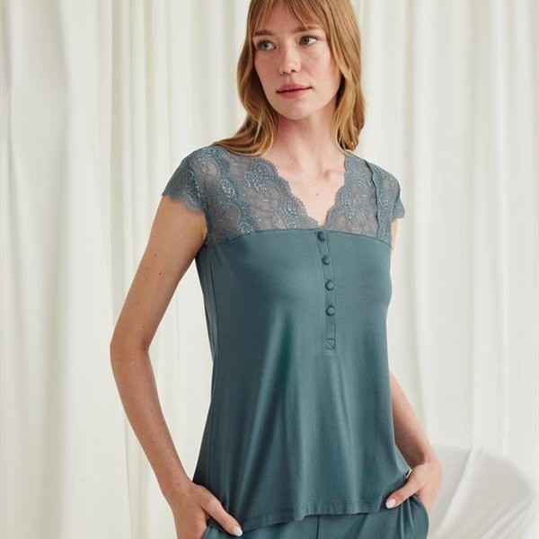 Arias Closet Yakası Kolu Ve Omzu Dantelli Önü Düğmeli Pijama Takımı