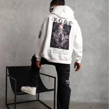 BErkek 3 İplik Pamuklu Kapüşonlu Baskılı Cepli Oversize Sweatshirt Hoodie - eyaz