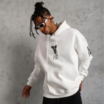 BErkek 3 İplik Pamuklu Kapüşonlu Baskılı Cepli Oversize Sweatshirt Hoodie - eyaz