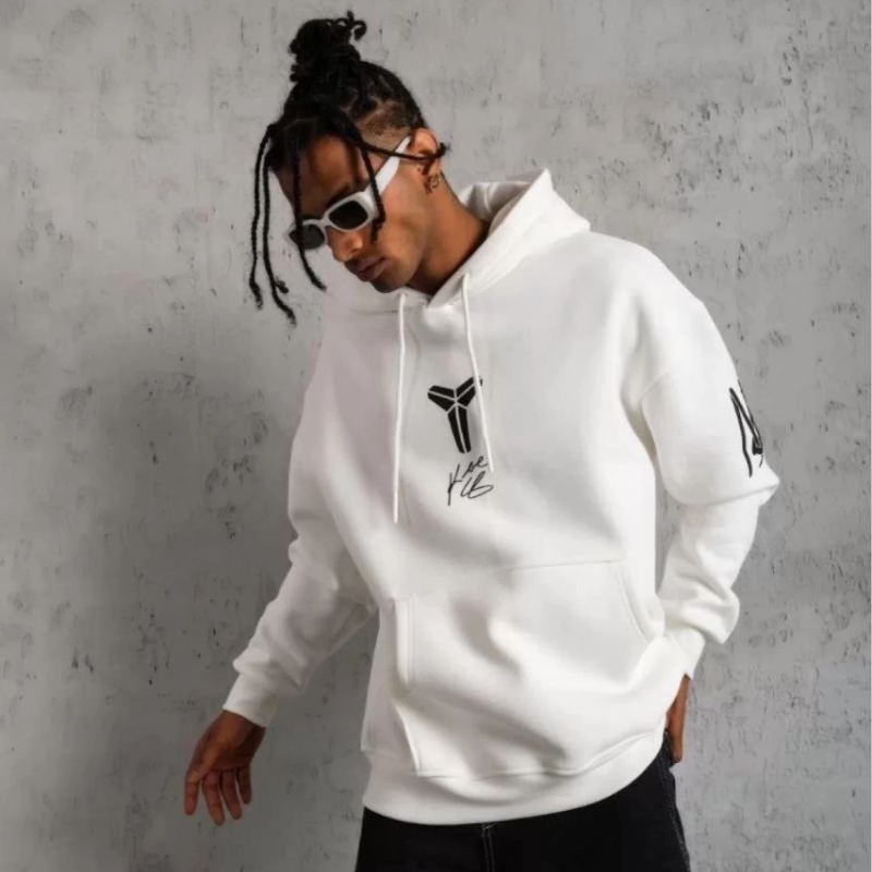 BErkek 3 İplik Pamuklu Kapüşonlu Baskılı Cepli Oversize Sweatshirt Hoodie - eyaz
