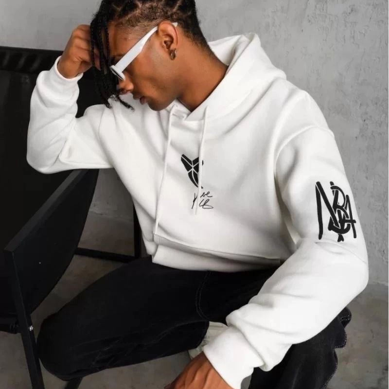 BErkek 3 İplik Pamuklu Kapüşonlu Baskılı Cepli Oversize Sweatshirt Hoodie - eyaz