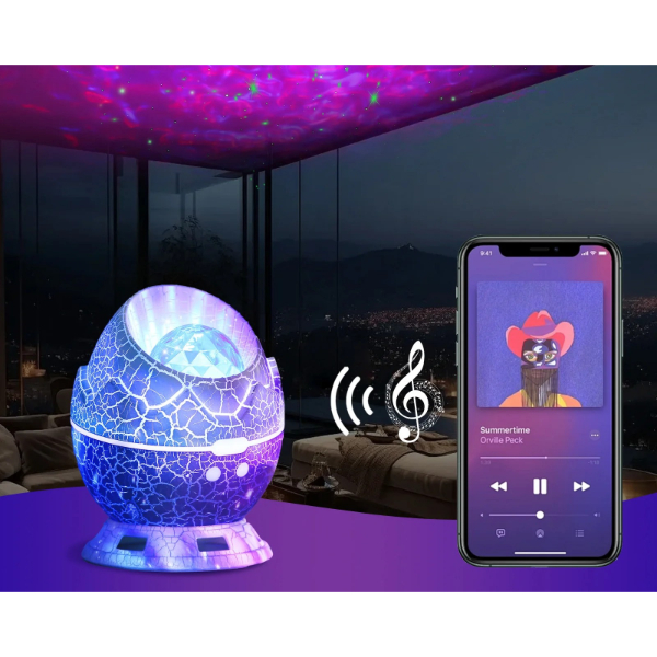 Çatlak Dinozor Yumurtası Tasarımlı Projektörlü Gece Lambası Bluetooth Özellikli 
