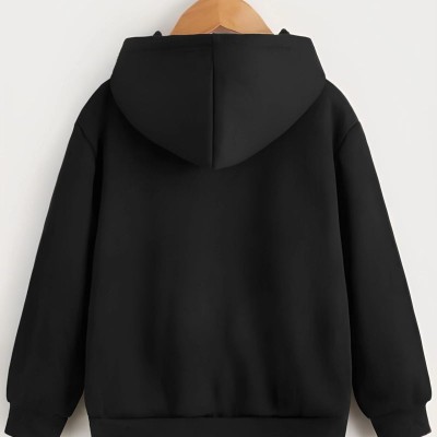 Çocuk Unisex Kapüşonlu Tatlı Kedi Baskılı Sweatshirt - Siyah