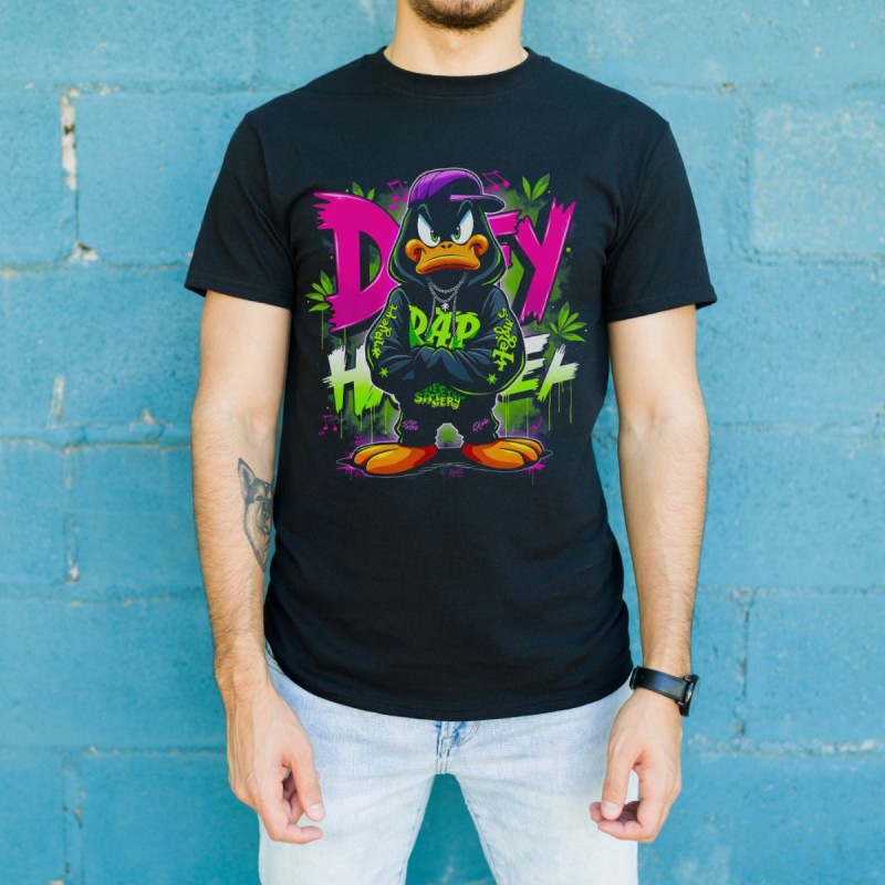 Daffy Duck Graffiti Baskılı Unisex Siyah Tişört - 24/1 Penye Pamuklu