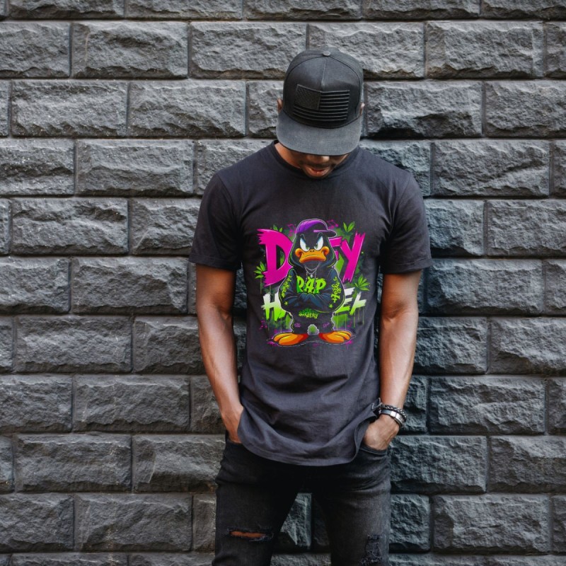 Daffy Duck Graffiti Baskılı Unisex Siyah Tişört - 24/1 Penye Pamuklu