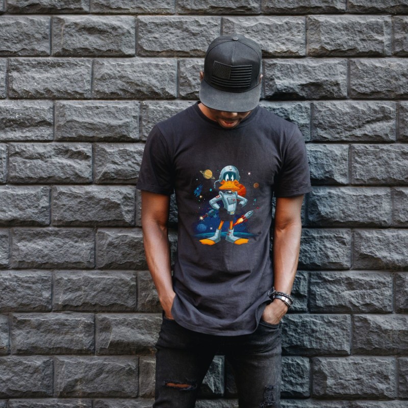 Duck Dodgers Uzay Baskılı Unisex Siyah Oversize Tişört - 24/1 Penye