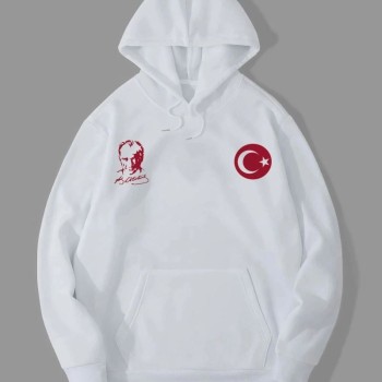 Erkek 10 Kasıma Özel 3 İplik Kapüşonlu Baskılı SweatShirt Hoodie - Beyaz