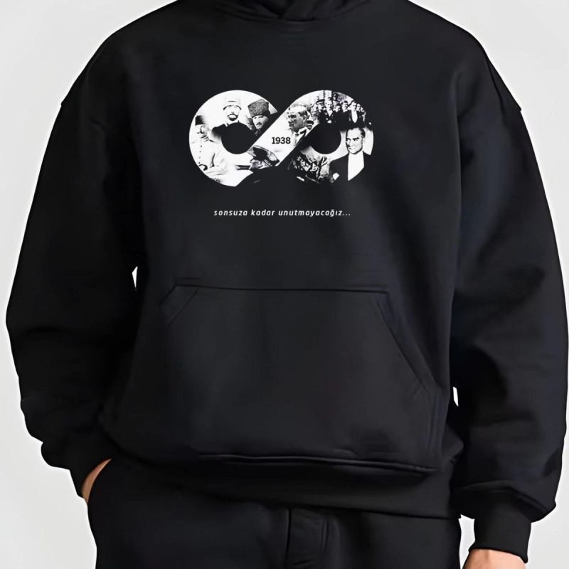 Erkek 10 Kasıma Özel 3 İplik Kapüşonlu Baskılı SweatShirt Hoodie - Siyah