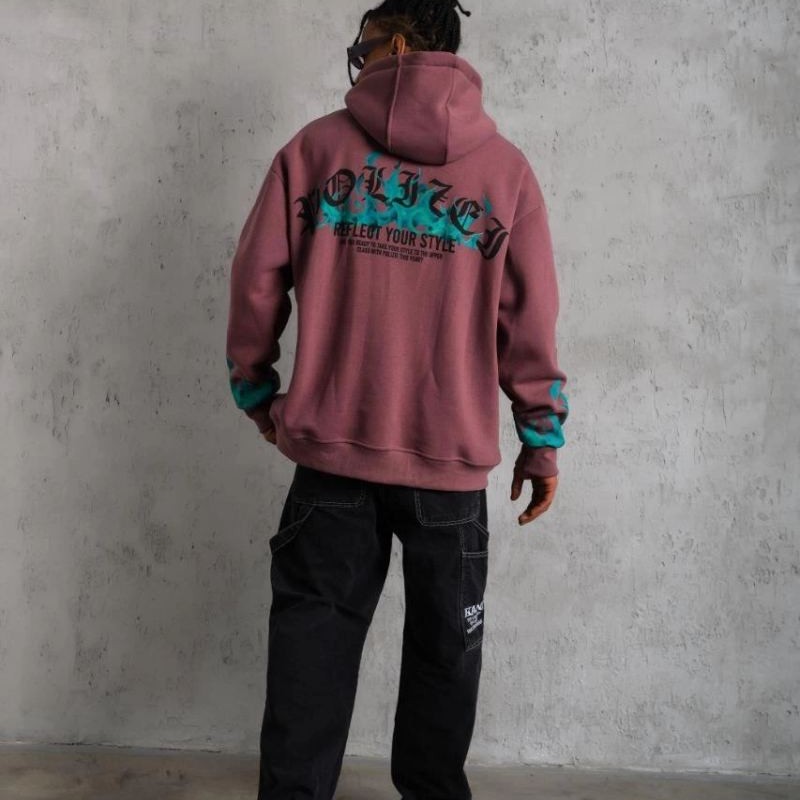 Erkek 3 İplik içi Pamuklu Alev Baskılı Kapüşonlu hoodie Sweatshirt - Gül Kurusu