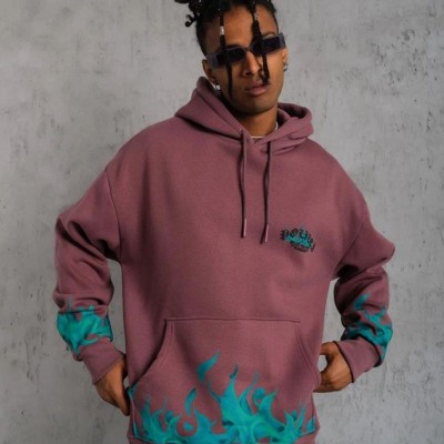 Erkek 3 İplik içi Pamuklu Alev Baskılı Kapüşonlu hoodie Sweatshirt - Gül Kurusu