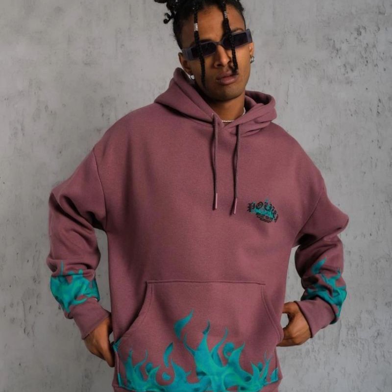 Erkek 3 İplik içi Pamuklu Alev Baskılı Kapüşonlu hoodie Sweatshirt - Gül Kurusu