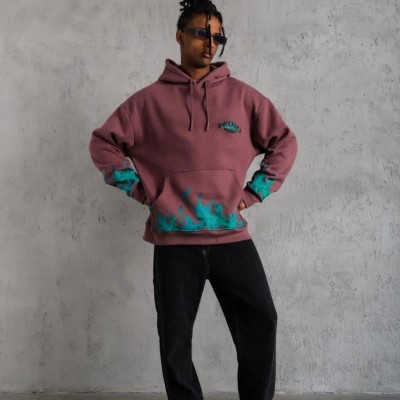 Erkek 3 İplik içi Pamuklu Alev Baskılı Kapüşonlu hoodie Sweatshirt - Gül Kurusu