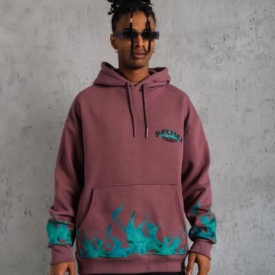 Erkek 3 İplik içi Pamuklu Alev Baskılı Kapüşonlu hoodie Sweatshirt - Gül Kurusu