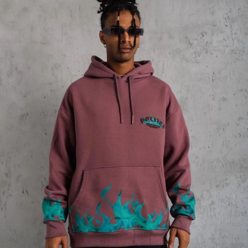 Erkek 3 İplik içi Pamuklu Alev Baskılı Kapüşonlu hoodie Sweatshirt - Gül Kurusu