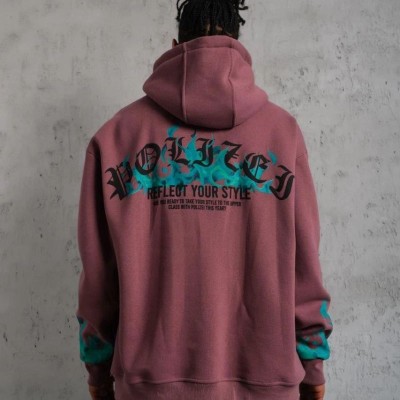 Erkek 3 İplik içi Pamuklu Alev Baskılı Kapüşonlu hoodie Sweatshirt - Gül Kurusu