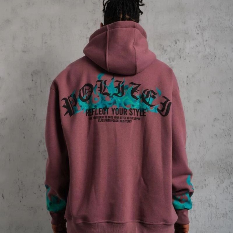 Erkek 3 İplik içi Pamuklu Alev Baskılı Kapüşonlu hoodie Sweatshirt - Gül Kurusu