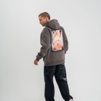 Erkek 3 İplik Kapüşonlu Hoodie Dijital Patchli SweatShirt - Füme
