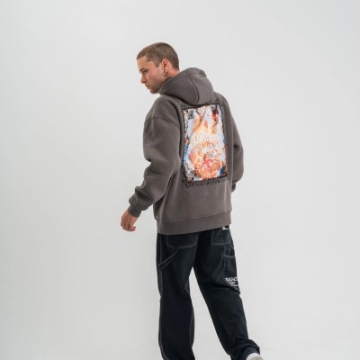 Erkek 3 İplik Kapüşonlu Hoodie Dijital Patchli SweatShirt - Füme