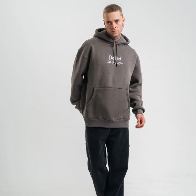 Erkek 3 İplik Kapüşonlu Hoodie Dijital Patchli SweatShirt - Füme