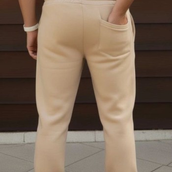 Erkek 3 iplik Kışlık Pamuklu Oversize Bağcıklı Düz Paça Cepli Eşofman Altı Pantolon - Bej