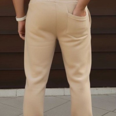 Erkek 3 iplik Kışlık Pamuklu Oversize Bağcıklı Düz Paça Cepli Eşofman Altı Pantolon - Bej