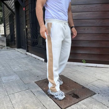 Erkek 3 İplik Pamukku Garnili Şeritli Cepli Eşofman Altı Pantolon - Beyaz