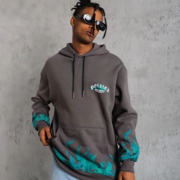 Erkek 3 iplik Pamuklu Alev Baskılı Kapüşonlu hoodie Sweatshirt - Gri