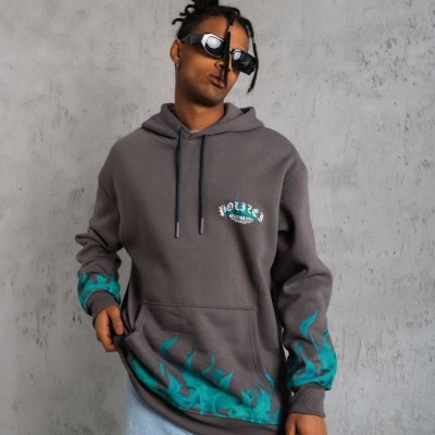 Erkek 3 iplik Pamuklu Alev Baskılı Kapüşonlu hoodie Sweatshirt - Gri