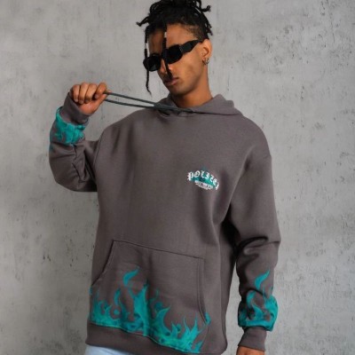 Erkek 3 iplik Pamuklu Alev Baskılı Kapüşonlu hoodie Sweatshirt - Gri