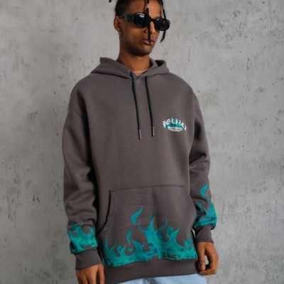 Erkek 3 iplik Pamuklu Alev Baskılı Kapüşonlu hoodie Sweatshirt - Gri
