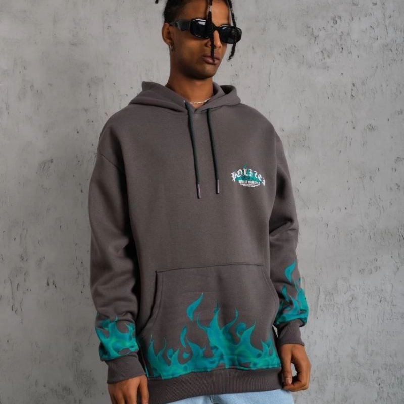 Erkek 3 iplik Pamuklu Alev Baskılı Kapüşonlu hoodie Sweatshirt - Gri
