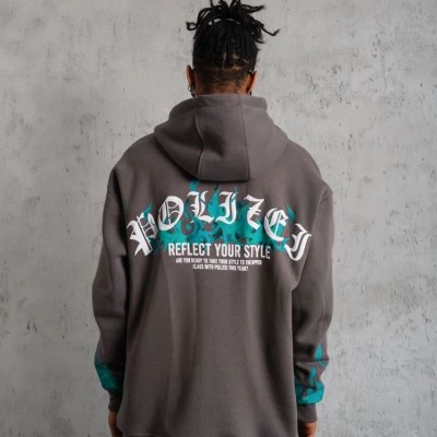Erkek 3 iplik Pamuklu Alev Baskılı Kapüşonlu hoodie Sweatshirt - Gri