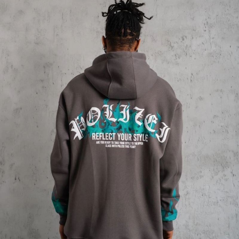 Erkek 3 iplik Pamuklu Alev Baskılı Kapüşonlu hoodie Sweatshirt - Gri
