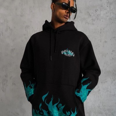 Erkek 3 İplik Pamuklu Alev Baskılı Kapüşonlu hoodie Sweatshirt - Siyah