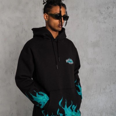 Erkek 3 İplik Pamuklu Alev Baskılı Kapüşonlu hoodie Sweatshirt - Siyah