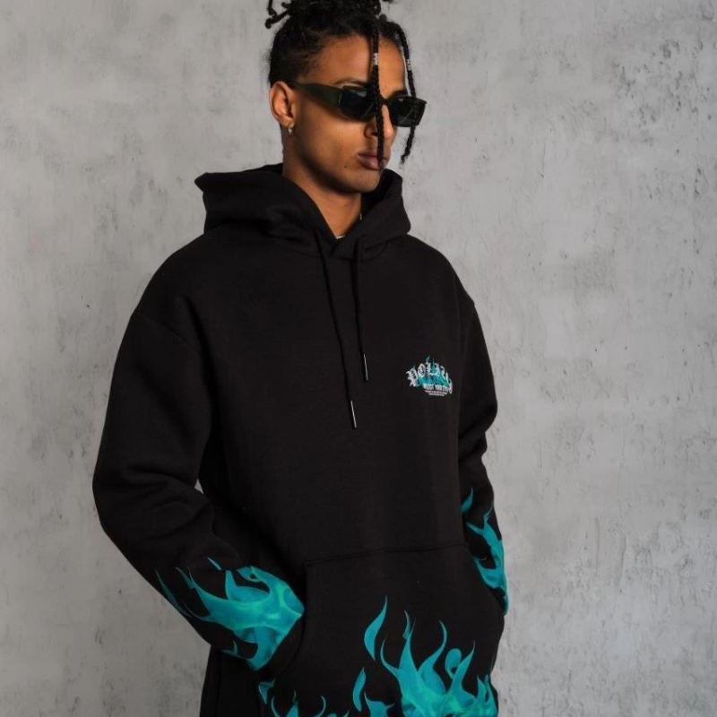 Erkek 3 İplik Pamuklu Alev Baskılı Kapüşonlu hoodie Sweatshirt - Siyah