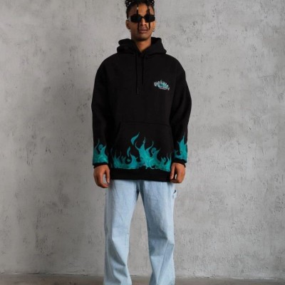 Erkek 3 İplik Pamuklu Alev Baskılı Kapüşonlu hoodie Sweatshirt - Siyah