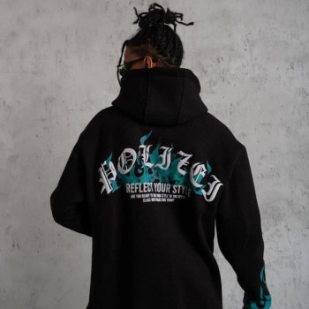 Erkek 3 İplik Pamuklu Alev Baskılı Kapüşonlu hoodie Sweatshirt - Siyah