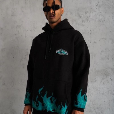 Erkek 3 İplik Pamuklu Alev Baskılı Kapüşonlu hoodie Sweatshirt - Siyah